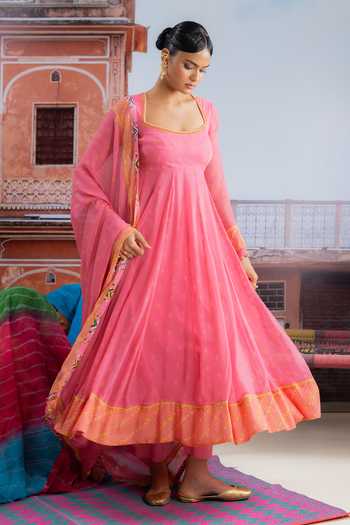 BAISE GABA_Fuchsia Chiffon, Muslin Square Neck Bindori Printed Anarkali Set _Online_at_Aza_Fashions