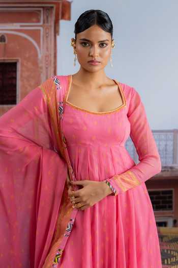 Buy_BAISE GABA_Fuchsia Chiffon, Muslin Square Neck Bindori Printed Anarkali Set _Online_at_Aza_Fashions