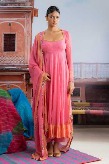Shop_BAISE GABA_Fuchsia Chiffon, Muslin Square Neck Bindori Printed Anarkali Set _Online_at_Aza_Fashions