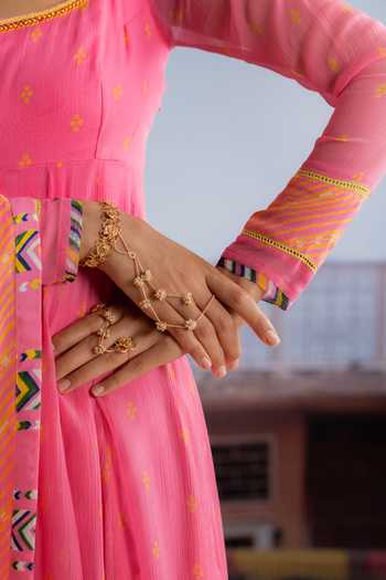 BAISE GABA_Fuchsia Chiffon, Muslin Square Neck Bindori Printed Anarkali Set _at_Aza_Fashions