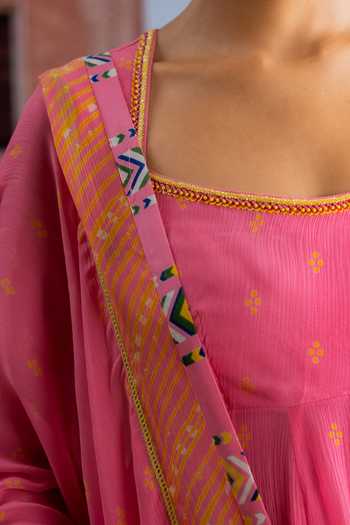 Shop_BAISE GABA_Fuchsia Chiffon, Muslin Square Neck Bindori Printed Anarkali Set 