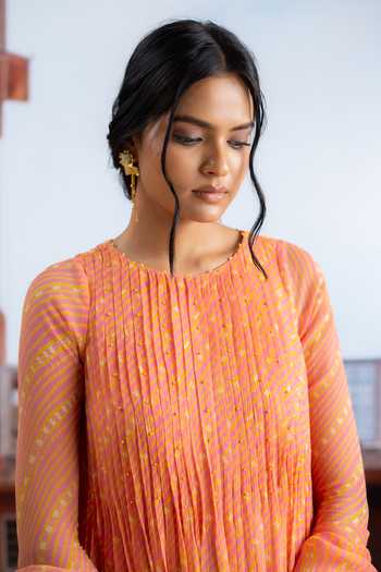 Buy_BAISE GABA_Pink Chiffon, Muslin Crew Neck, Yes Lehrika Printed Kurta Set 