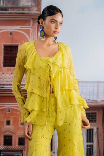 BAISE GABA_Yellow Chiffon, Muslin V-, Square Zariya Printed Ruffle Top And Pant Set _Online_at_Aza_Fashions