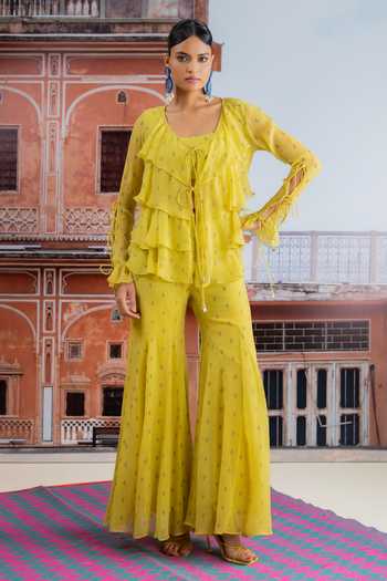 Buy_BAISE GABA_Yellow Chiffon, Muslin V-, Square Zariya Printed Ruffle Top And Pant Set _Online_at_Aza_Fashions