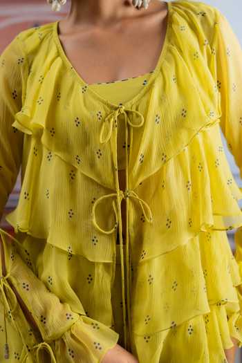 Shop_BAISE GABA_Yellow Chiffon, Muslin V-, Square Zariya Printed Ruffle Top And Pant Set _Online_at_Aza_Fashions