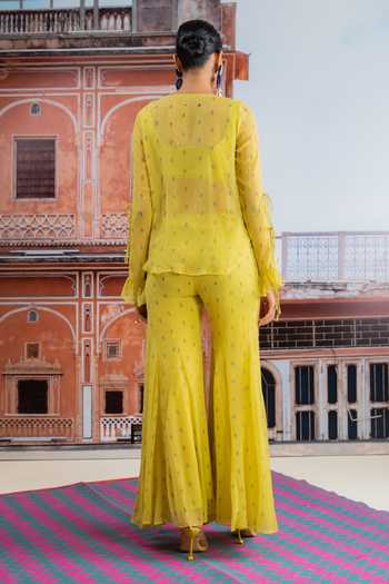 Shop_BAISE GABA_Yellow Chiffon, Muslin V-, Square Zariya Printed Ruffle Top And Pant Set _at_Aza_Fashions