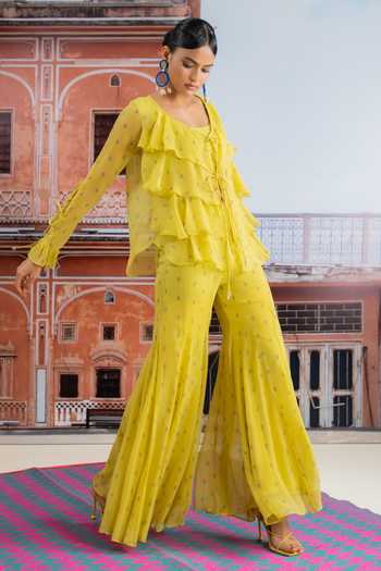 BAISE GABA_Yellow Chiffon, Muslin V-, Square Zariya Printed Ruffle Top And Pant Set _at_Aza_Fashions