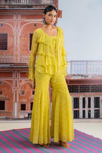 Buy_BAISE GABA_Yellow Chiffon, Muslin V-, Square Zariya Printed Ruffle Top And Pant Set 