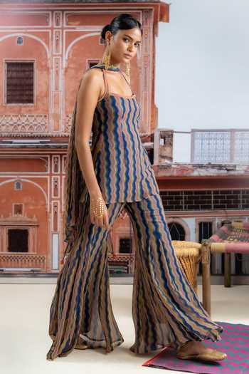 Buy_BAISE GABA_Blue Chiffon Halter Neck, Yes Morrang Printed Kurta Sharara Set _Online_at_Aza_Fashions