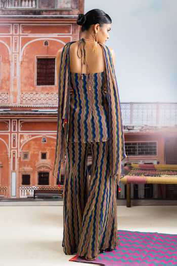 Shop_BAISE GABA_Blue Chiffon Halter Neck, Yes Morrang Printed Kurta Sharara Set _at_Aza_Fashions