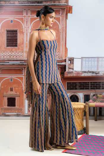 Shop_BAISE GABA_Blue Chiffon Halter Neck, Yes Morrang Printed Kurta Sharara Set _Online_at_Aza_Fashions