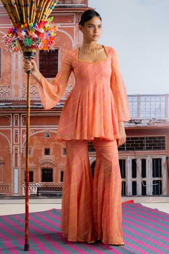 Shop_BAISE GABA_Pink Chiffon Square Neck Teej Printed Kurta And Sharara Set _at_Aza_Fashions