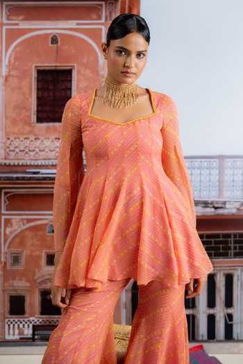 Shop_BAISE GABA_Pink Chiffon Square Neck Teej Printed Kurta And Sharara Set _Online_at_Aza_Fashions