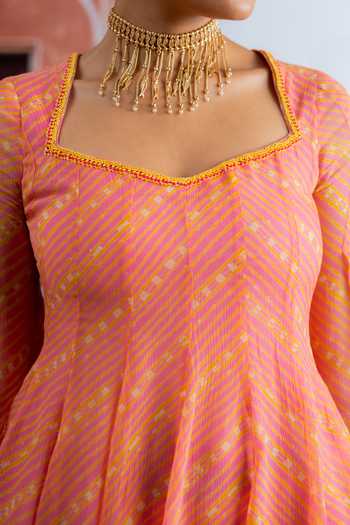 BAISE GABA_Pink Chiffon Square Neck Teej Printed Kurta And Sharara Set _at_Aza_Fashions
