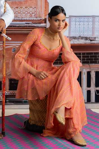 BAISE GABA_Pink Chiffon Square Neck Teej Printed Kurta And Sharara Set _Online