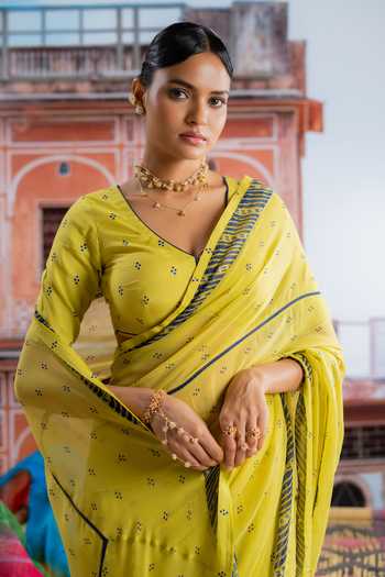 BAISE GABA_Yellow Chiffon, Hariyali Polka Dot Print Saree With Unstitched Blouse Piece _Online_at_Aza_Fashions