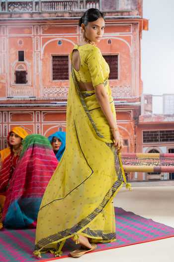 Shop_BAISE GABA_Yellow Chiffon, Hariyali Polka Dot Print Saree With Unstitched Blouse Piece _at_Aza_Fashions