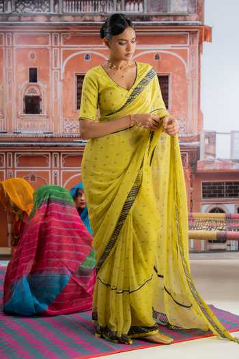 BAISE GABA_Yellow Chiffon, Hariyali Polka Dot Print Saree With Unstitched Blouse Piece _at_Aza_Fashions