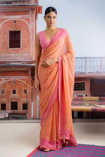 Shop_BAISE GABA_Pink Chiffon, Muslin V-neck Teejri Leheriya Print Saree With Blouse _Online_at_Aza_Fashions