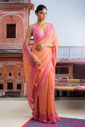 BAISE GABA_Pink Chiffon, Muslin V-neck Teejri Leheriya Print Saree With Blouse _at_Aza_Fashions