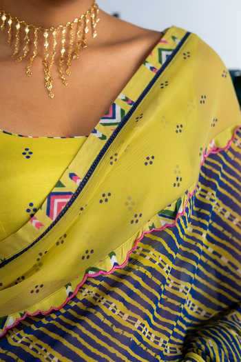 Buy_BAISE GABA_Blue Chiffon, Muslin Square Neck Morbani Leheriya Print Saree With Blouse _Online_at_Aza_Fashions