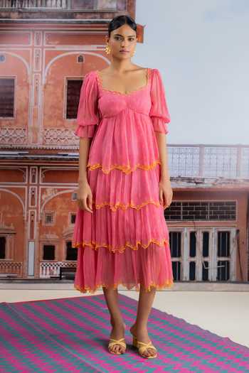 Buy_BAISE GABA_Fuchsia Chiffon V-neck Heer Tiered Dress _at_Aza_Fashions
