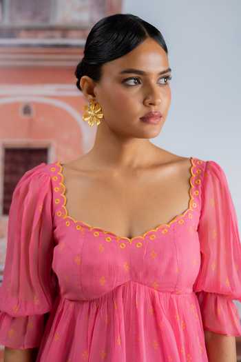BAISE GABA_Fuchsia Chiffon V-neck Heer Tiered Dress _Online_at_Aza_Fashions