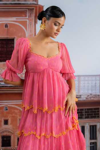 Buy_BAISE GABA_Fuchsia Chiffon V-neck Heer Tiered Dress _Online_at_Aza_Fashions