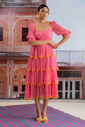Shop_BAISE GABA_Fuchsia Chiffon V-neck Heer Tiered Dress _at_Aza_Fashions