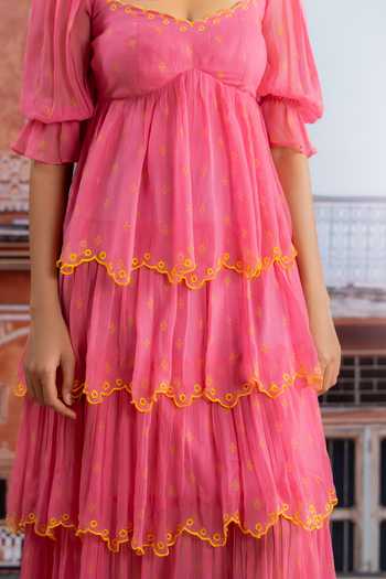 BAISE GABA_Fuchsia Chiffon V-neck Heer Tiered Dress _at_Aza_Fashions