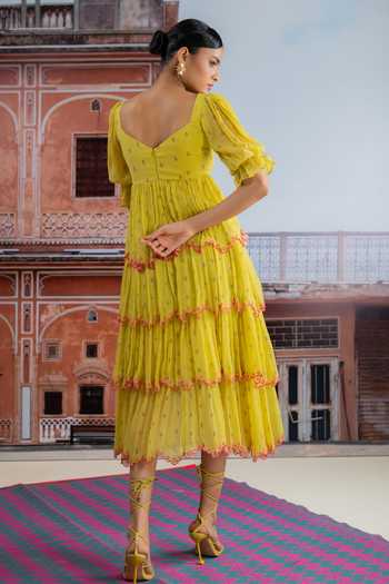 Shop_BAISE GABA_Yellow Chiffon V-neck Neer Tiered Embroidered Dress _at_Aza_Fashions