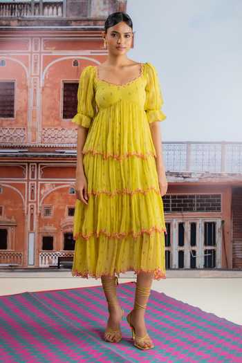 BAISE GABA_Yellow Chiffon V-neck Neer Tiered Embroidered Dress _Online_at_Aza_Fashions