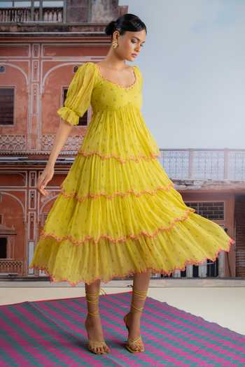 Buy_BAISE GABA_Yellow Chiffon V-neck Neer Tiered Embroidered Dress _Online_at_Aza_Fashions