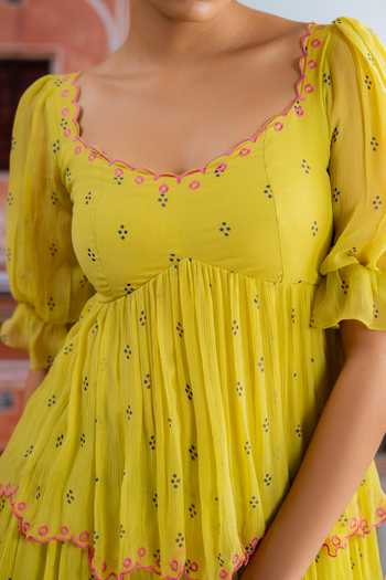 Shop_BAISE GABA_Yellow Chiffon V-neck Neer Tiered Embroidered Dress _Online_at_Aza_Fashions