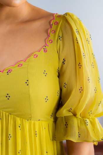BAISE GABA_Yellow Chiffon V-neck Neer Tiered Embroidered Dress _at_Aza_Fashions