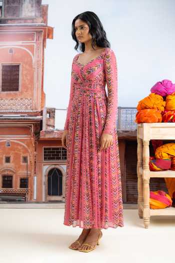 BAISE GABA_Fuchsia Chiffon V-neck Noorika Printed Dress _Online_at_Aza_Fashions