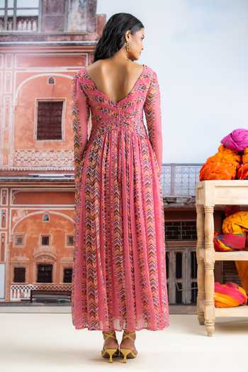 Shop_BAISE GABA_Fuchsia Chiffon V-neck Noorika Printed Dress _at_Aza_Fashions
