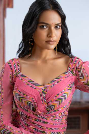 Buy_BAISE GABA_Fuchsia Chiffon V-neck Noorika Printed Dress _Online_at_Aza_Fashions