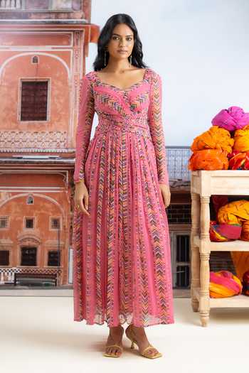 Shop_BAISE GABA_Fuchsia Chiffon V-neck Noorika Printed Dress _Online_at_Aza_Fashions