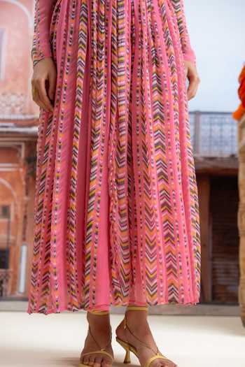 BAISE GABA_Fuchsia Chiffon V-neck Noorika Printed Dress _at_Aza_Fashions