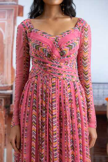 Buy_BAISE GABA_Fuchsia Chiffon V-neck Noorika Printed Dress 