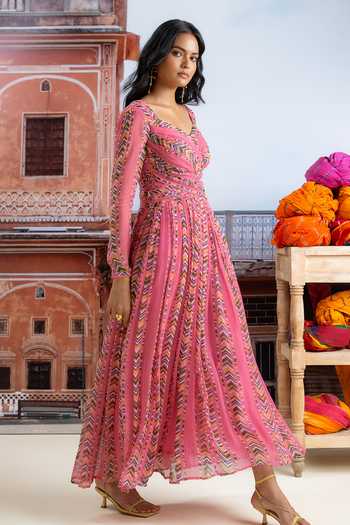 Shop_BAISE GABA_Fuchsia Chiffon V-neck Noorika Printed Dress 
