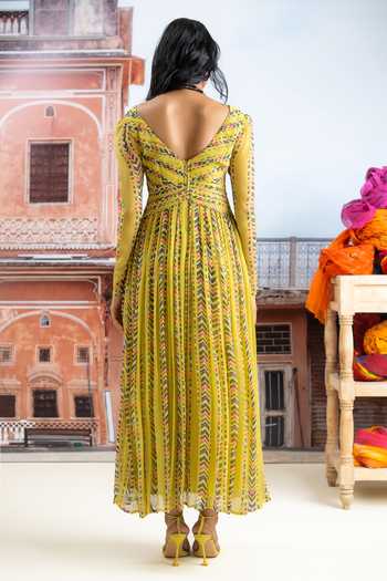 Shop_BAISE GABA_Yellow Chiffon V-neck Surayi Printed Dress _at_Aza_Fashions