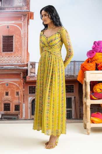 BAISE GABA_Yellow Chiffon V-neck Surayi Printed Dress _Online_at_Aza_Fashions