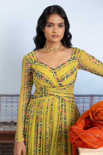 Buy_BAISE GABA_Yellow Chiffon V-neck Surayi Printed Dress _Online_at_Aza_Fashions