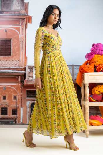 Shop_BAISE GABA_Yellow Chiffon V-neck Surayi Printed Dress _Online_at_Aza_Fashions