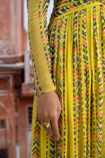 Shop_BAISE GABA_Yellow Chiffon V-neck Surayi Printed Dress 