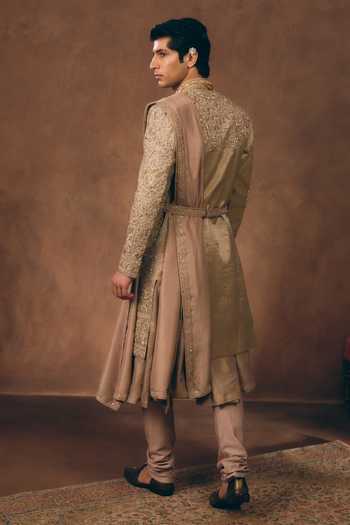 Shop_Mukti And Kavith Casa_Rose Gold Chanderi, Tissue, Silk Dynasty Embroidered Sherwani Set _at_Aza_Fashions