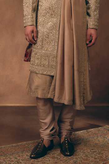 Mukti And Kavith Casa_Rose Gold Chanderi, Tissue, Silk Dynasty Embroidered Sherwani Set _Online_at_Aza_Fashions