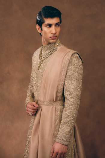 Buy_Mukti And Kavith Casa_Rose Gold Chanderi, Tissue, Silk Dynasty Embroidered Sherwani Set _Online_at_Aza_Fashions